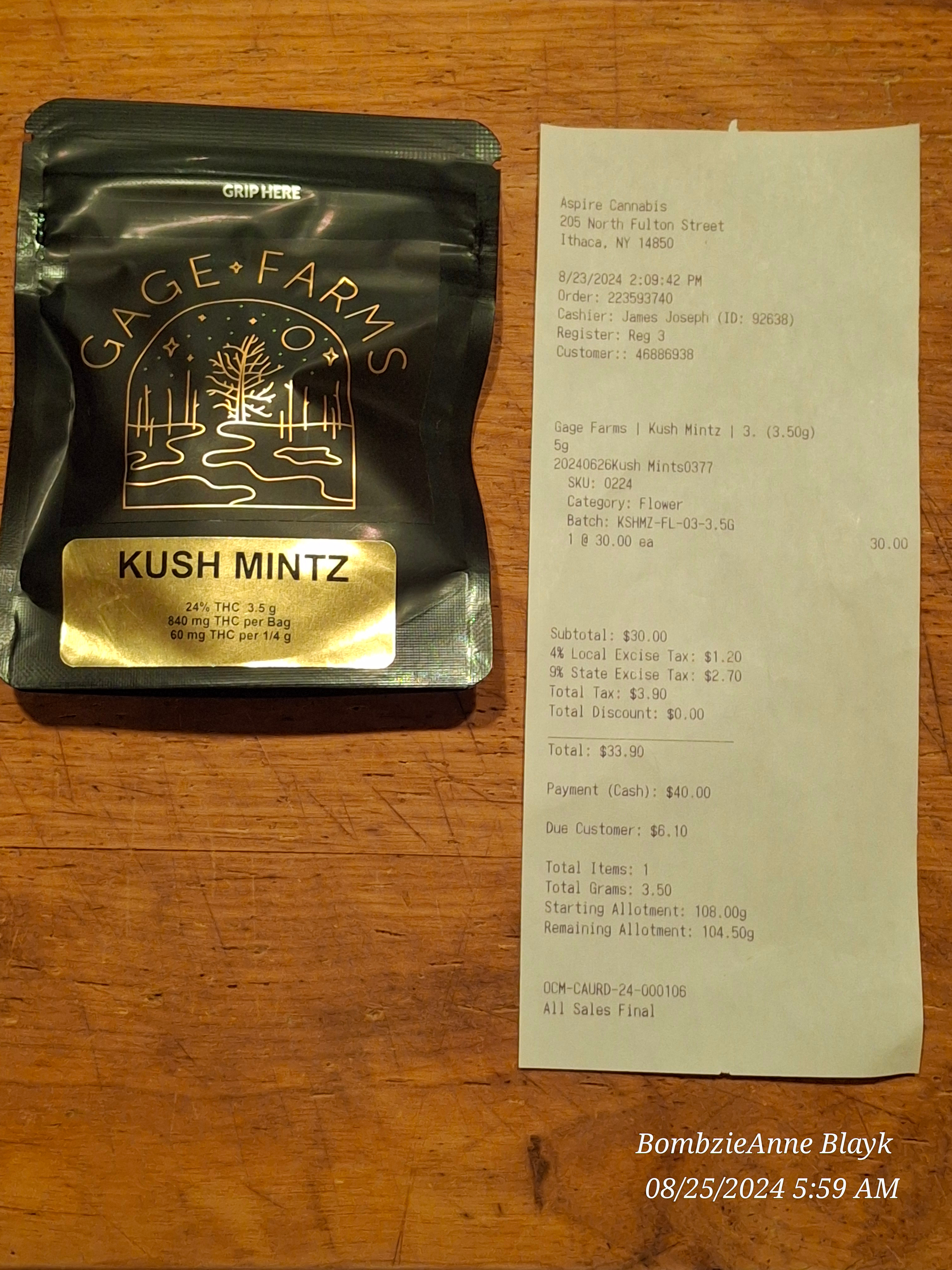 ./2024-08-23 - Aspire MJ Purchase - GAGE FARMS - Kush Mintz 1 x 3.5 gm - $33.90.jpg